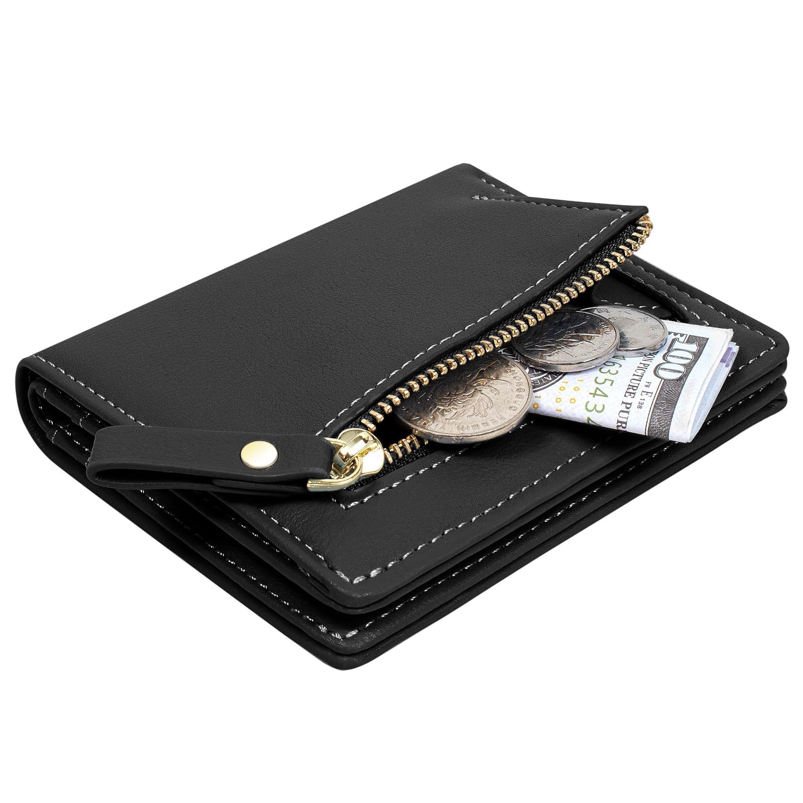 SUMGOFO Slim RFID Blocking Leather Wallet for Women - Mini Bifold Card Holder with Zipper Pocket & Coin Purse (Black) | Perfect for Everyday Use, Travel & Gift Giving