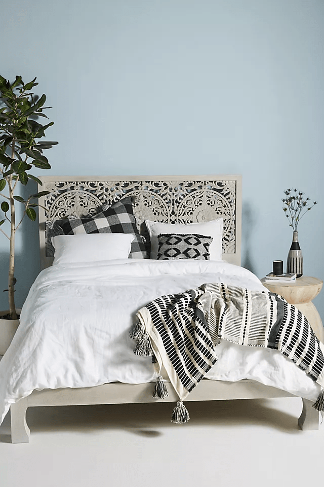 Hand Carved Low Lombok Bed in Gray Color | Indian Bed Design | Perfect for Boho, Coastal & Farmhouse Bedrooms