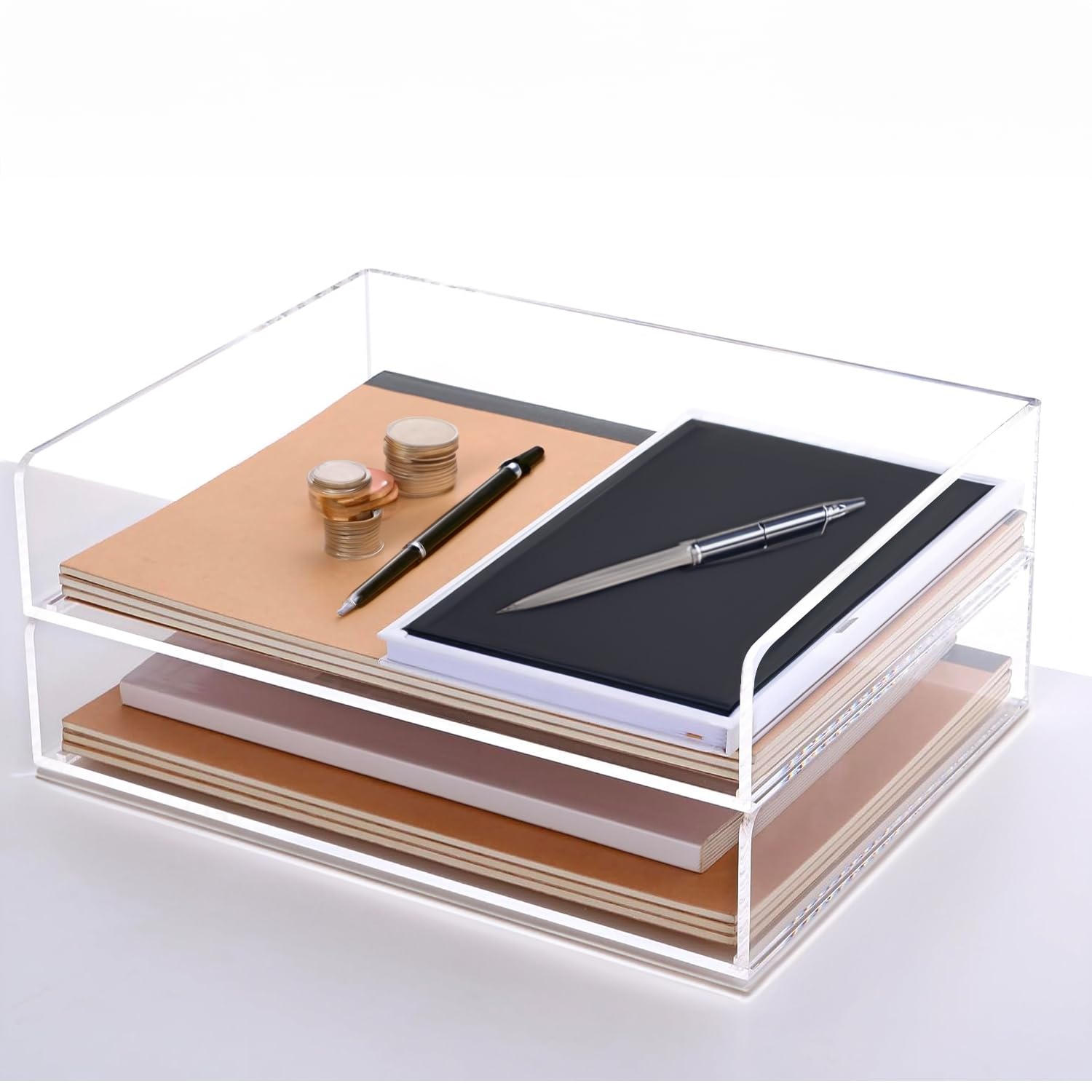 2-Tier Acrylic Desk Organizer Tray - Clear Stackable Paper Sorter for Office, Home & School - Perfect for Mail, Documents, Bills and Office Supplies Storage