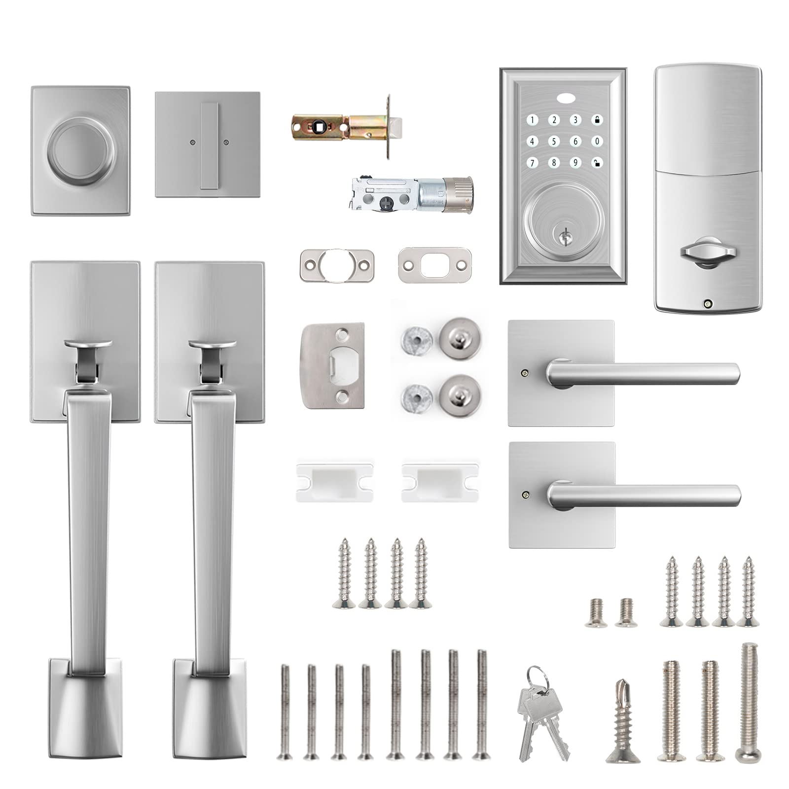 KIAYACI Smart Keyless Entry Door Lock - Double Door Handle Set with Rectangle Keypad & Deadbolt, Silver Finish for Front Door Security | Ideal for Homes, Apartments & Offices