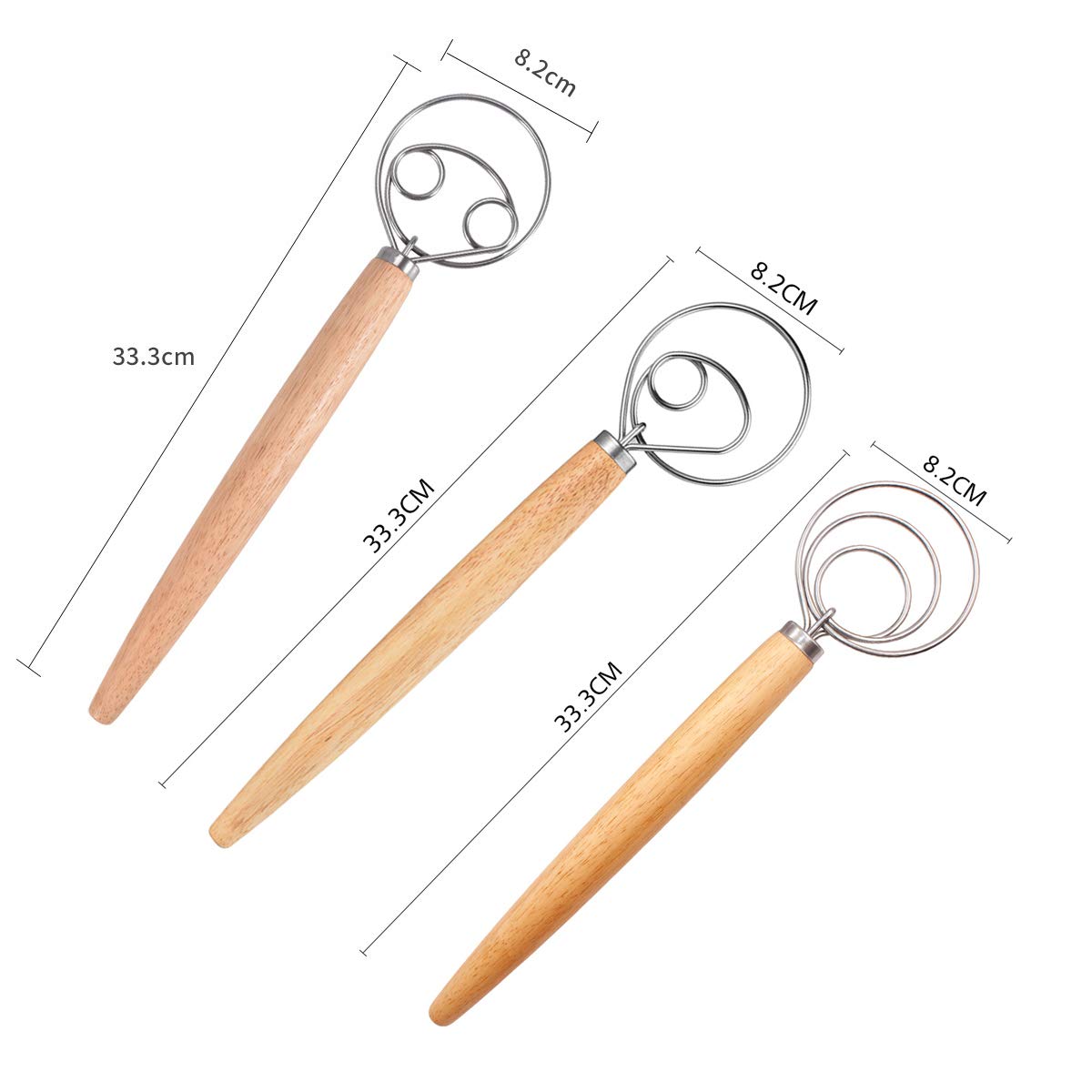 DBAILY 3-Piece Danish Dough Whisk Set - Stainless Steel Pastry Mixer with Wooden Handle for Baking Bread, Cakes, Pies & Pizza - Perfect for Home Bakers & Professional Chefs (Ideal for Sourdough, Desserts, Pastry Making)