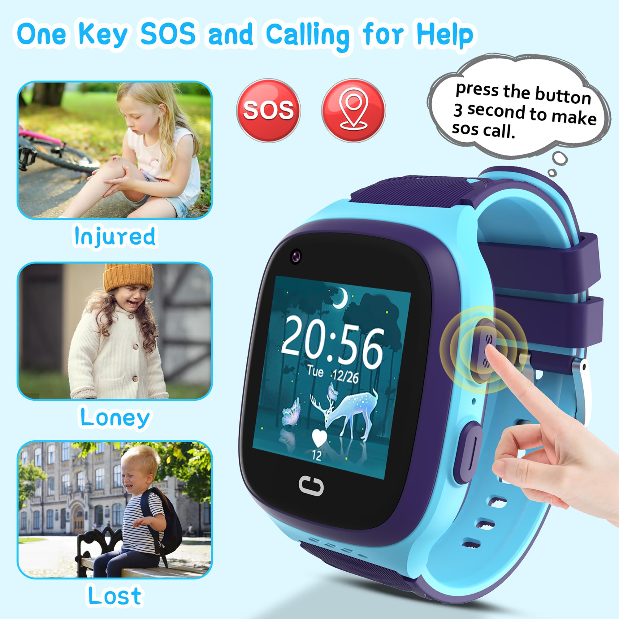 Toloso 4G Kids GPS Smart Watch with GPS Tracker, SOS Call, Video Chat, Pedometer & Camera - Touch Screen Smartwatch for Boys & Girls Ages 5-12 - Perfect for School, Outdoor Activities & Child Safety