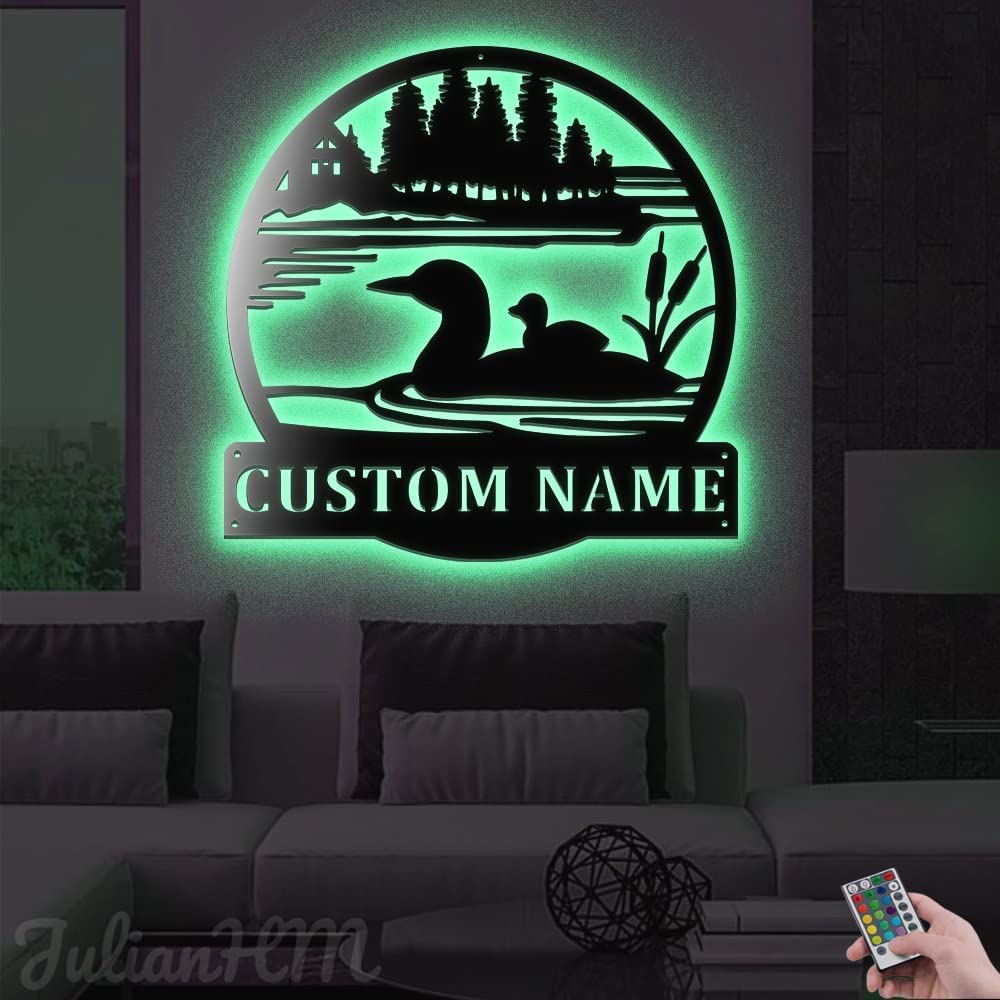 Custom Loon Duck Monogram Metal Wall Art with LED Lights - Personalized Name Sign Home Decor - 24x24 Inches Wall Hanging for Living Room, Bedroom, Nursery - Perfect Housewarming Gift & Rustic Cabin Decor