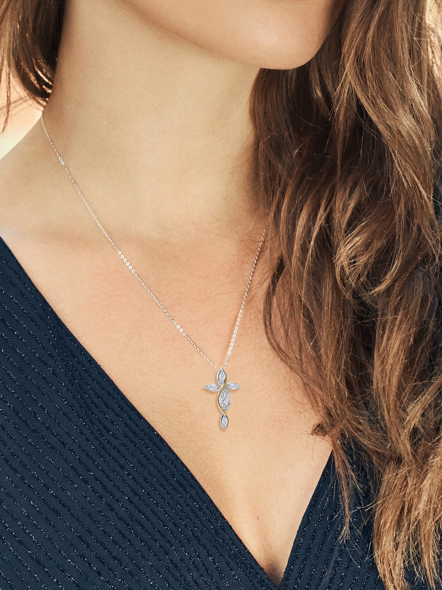 925 Silver & 10K Gold Moissanite Cross Pendant Necklace for Women - 1.31cttw Marquise Cut (8x4mm) Jesus Crucifix Religious Jewelry with 18
