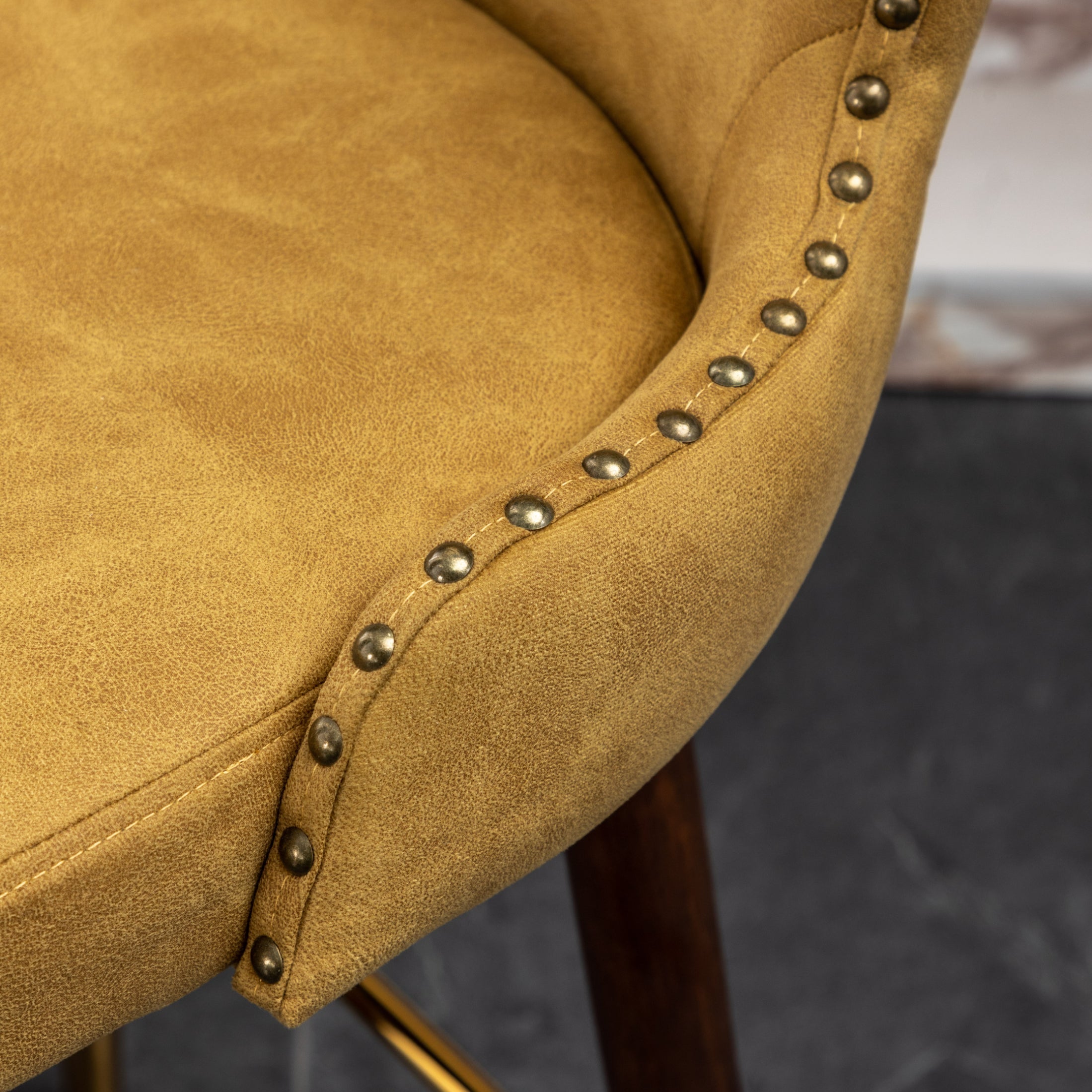 Roundhill Furniture Nevis Mid-Century Modern Faux Leather Tufted Bar Stools with Nailhead Trim - Set of 2 Yellow Counter Height Stools for Kitchen Island, Breakfast Bar & Home Decor