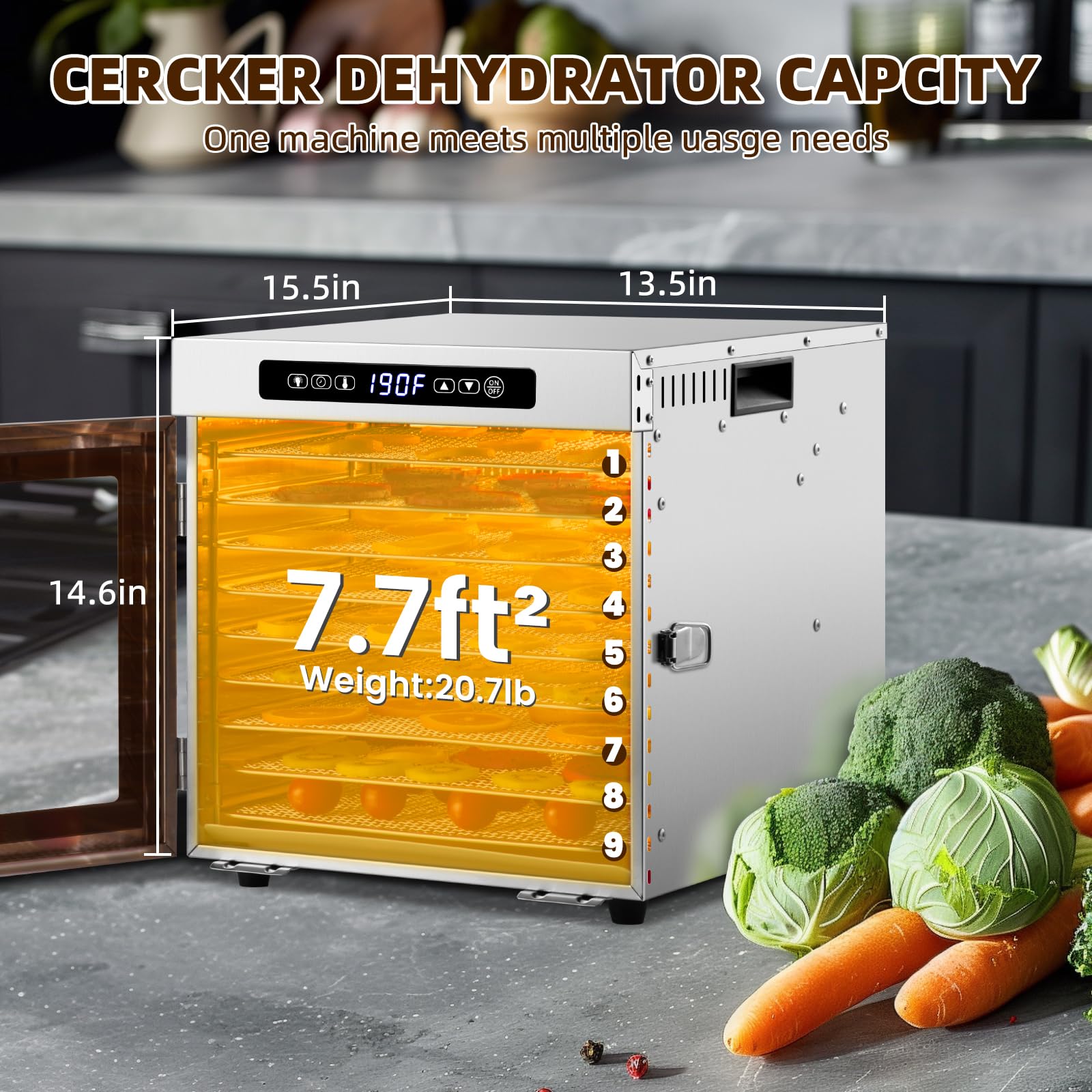 Commercial Food Dehydrator Machine - 1000W 9 Stainless Steel Trays, 7.7ft² Drying Space with 190°F Temperature Control & 24H Timer - Perfect for Jerky, Herbs, Fruits, Beef, Vegetables - Ideal for Home Kitchen, Camping, and Food Preservation
