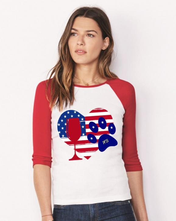 WineyBitches.Co American Wine Paw Heart Colorblock Raglan Jersey - Soft & Stylish Women's Baseball Tee for Casual Wear, Wine Tasting & Pet Lovers