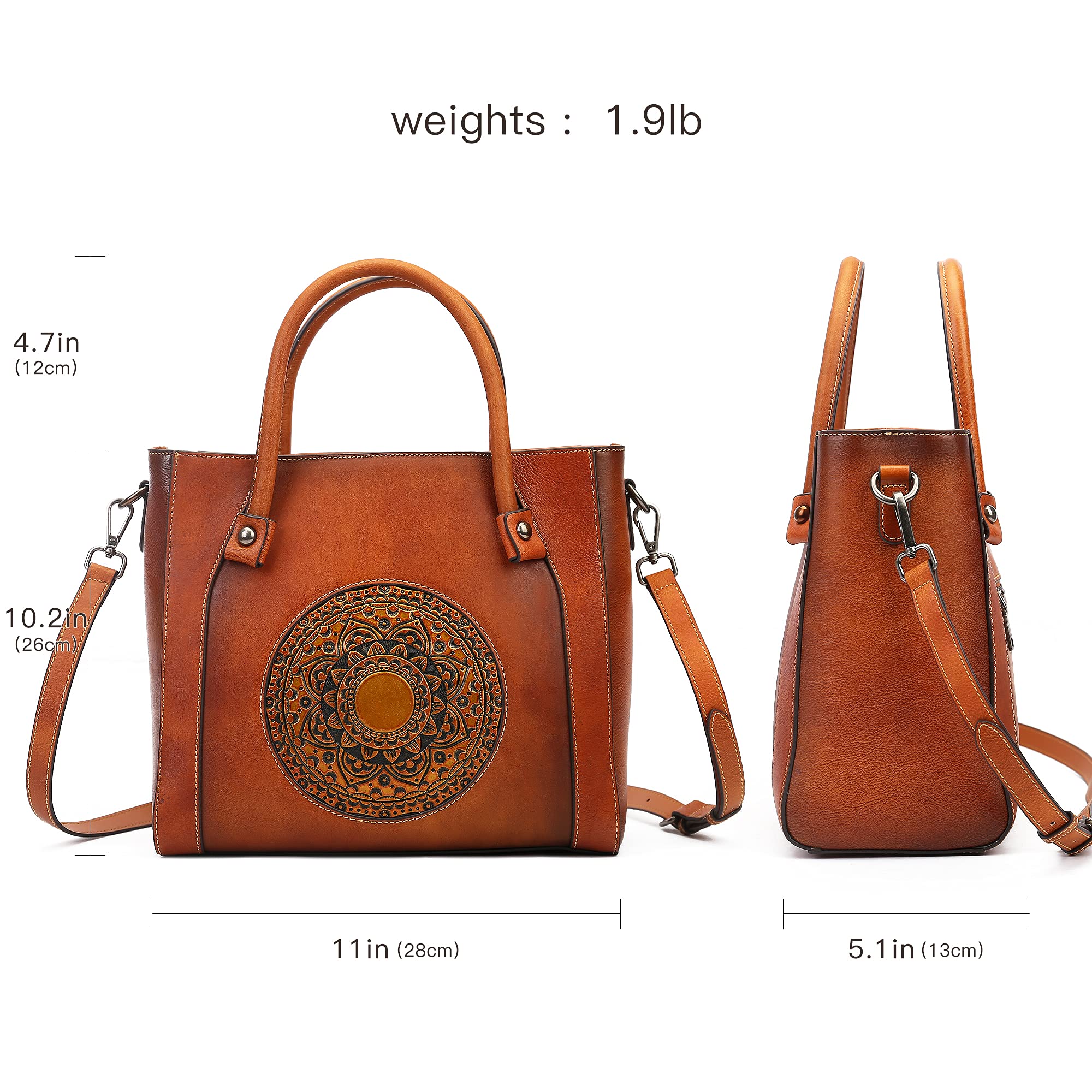 Genuine Leather Handbag for Women - Retro Embossed Mandala Designer Purse, Handmade Italian Leather Tote Bag - Perfect for Work, Travel & Everyday Use