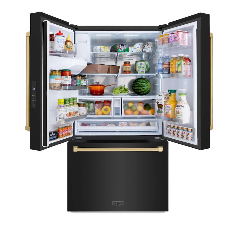 ZLINE Autograph Edition 36 Inch French Door Refrigerator with External Water Dispenser & Dual Ice Maker - 28.9 cu.ft Capacity, Fingerprint Resistant Black Stainless Steel, Champagne Bronze Handles (RSMZ W 36 BS CB) - Perfect for Modern Kitchens & Entertaining Spaces