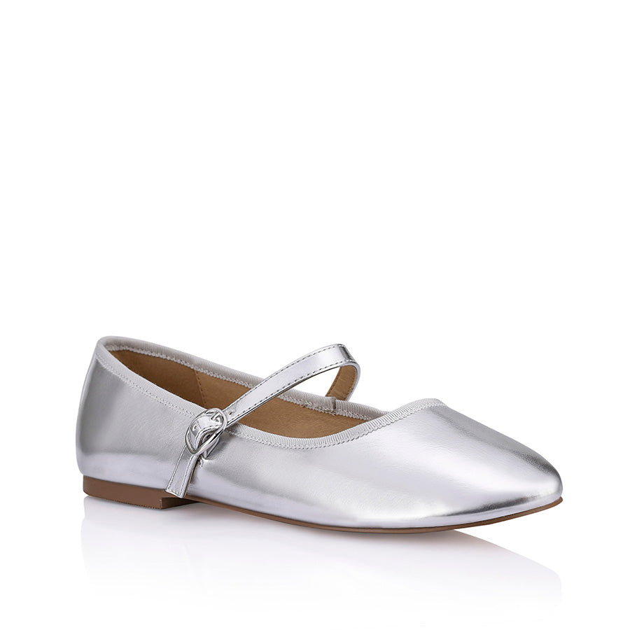 Bambi Mary Jane Flats - Silver Smooth Leather Shoes for Women | Comfortable & Stylish Ballet Flats for Work, Casual Wear & Special Occasions