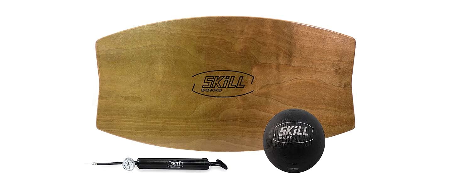 The Skill Board - Premium Wooden Balance Board for Adults & Teens - Wobble Board Trainer for Fitness, Yoga, Surfing, Skate Training - Perfect for Home Gym, Office Standing Desk, Outdoor Games - Includes Exercise Ball, Pump & Non-Slip Grip Tape