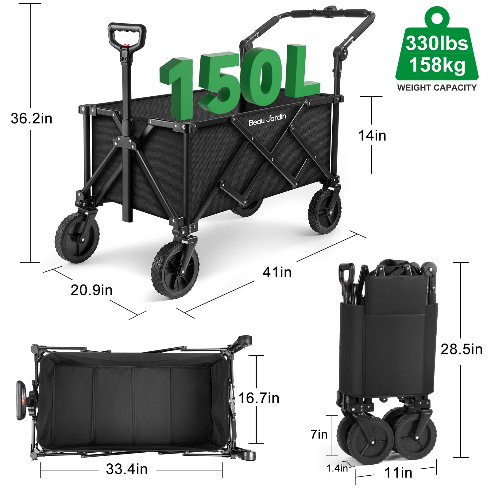 Beau Jardin Heavy Duty Collapsible Folding Wagon Cart - All Terrain Utility Cart for Beach, Camping, Grocery Shopping, Sports & Garden Use - Portable Push Pull Wagon with Durable Black Frame
