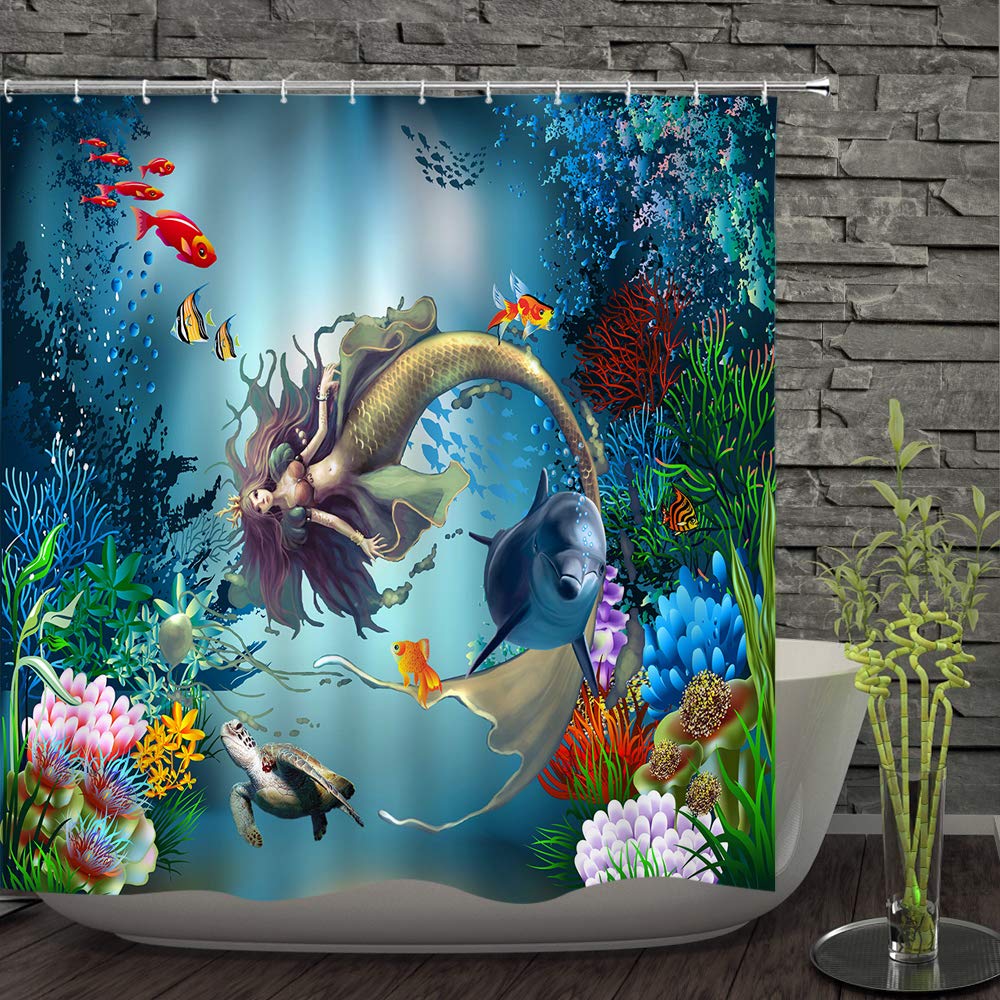 Mermaid Shower Curtain Set - Blue Ocean Theme with Dolphins & Sea Turtles, 72x72 Inch Waterproof Polyester Bathroom Decor for Kids & Adults - Perfect for Beach House, Nautical or Underwater Themed Bathrooms