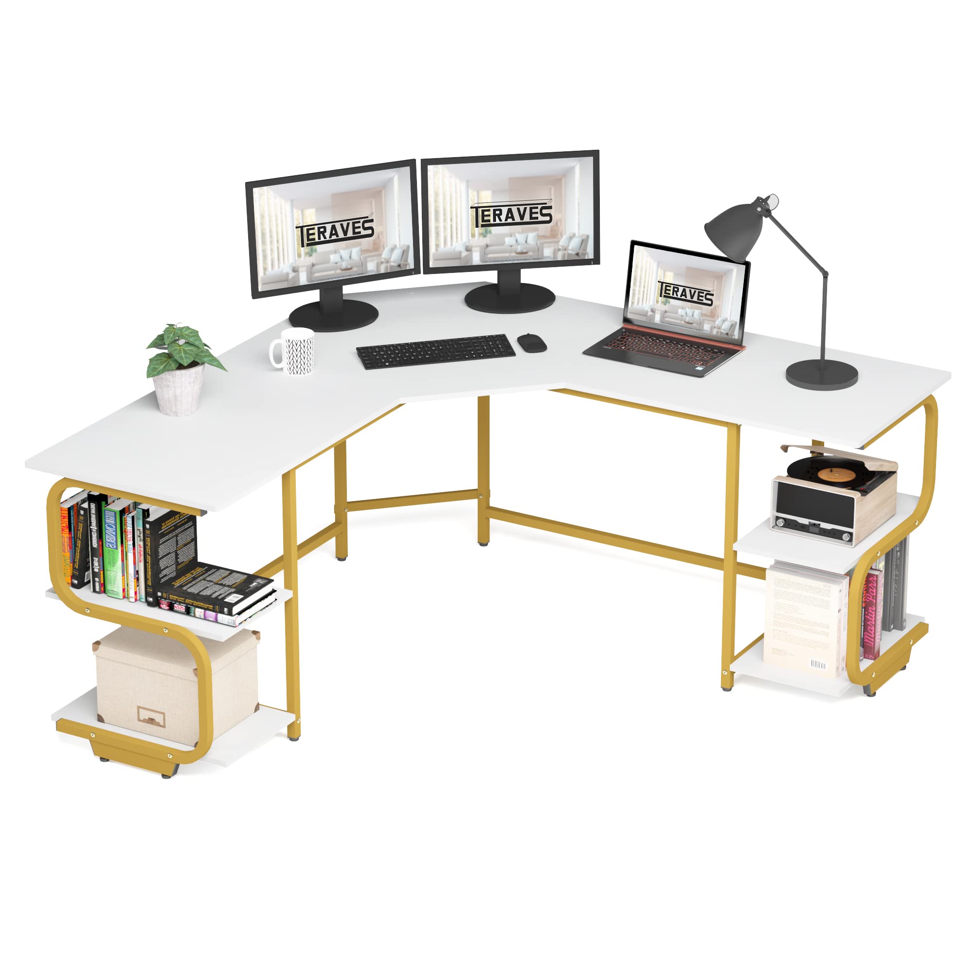 Modern L-Shaped Computer Desk with 4-Tier Shelves, 54.21