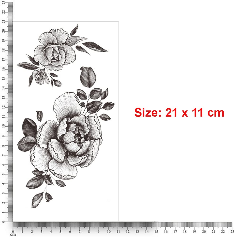 S.A.V.I Temporary Tattoo Stickers - 2 Large Rose Flower Designs for Men & Women, 21x11cm Fake Tattoos for Arms, Hands & Body (1 Piece) - Perfect for Parties, Halloween, Cosplay & Fashion Statements