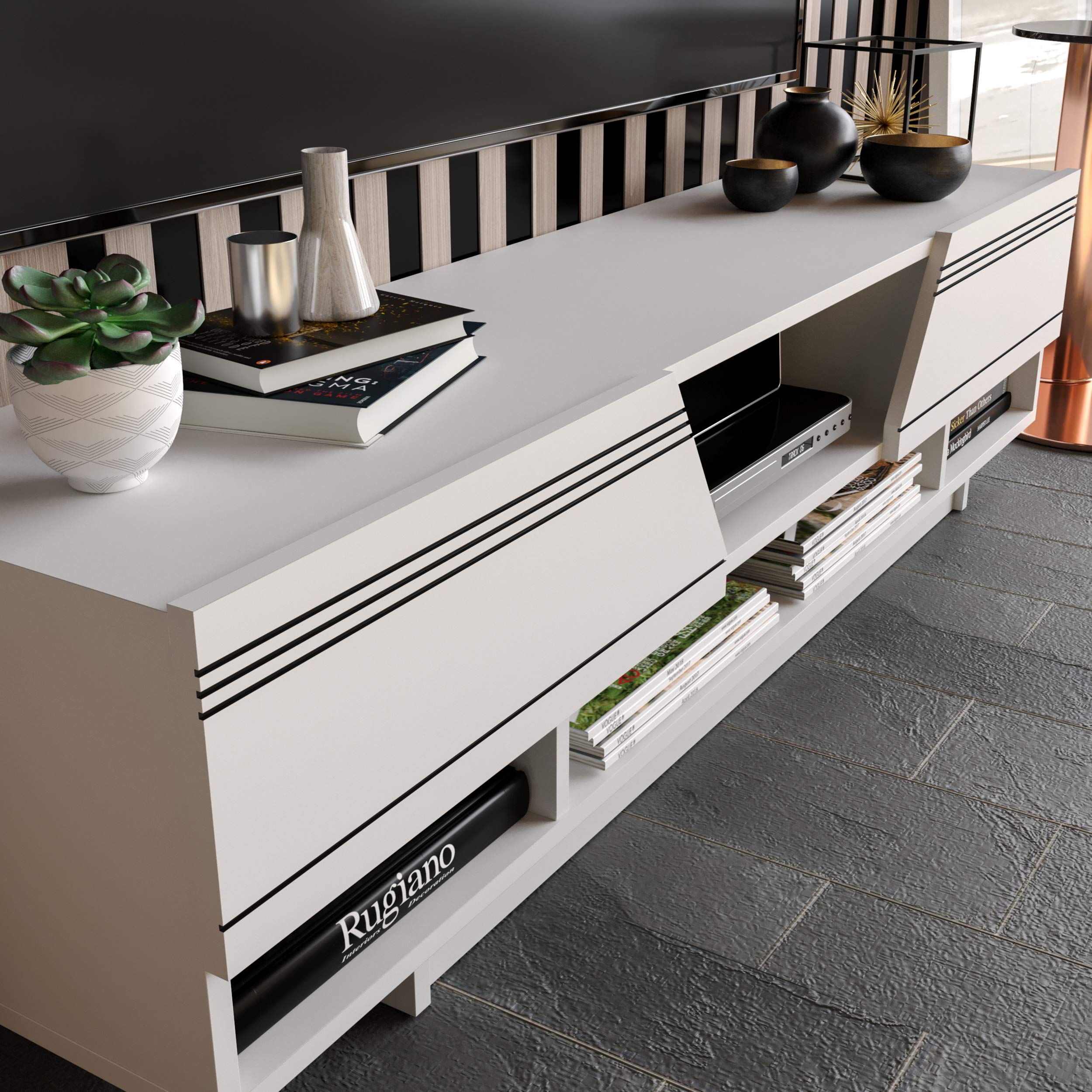 Decorotika Aspatria TV Stand for up to 65 Inch TVs - Modern Entertainment Center with Storage Shelves (White) - Perfect for Living Room, Bedroom & Home Theater Setup