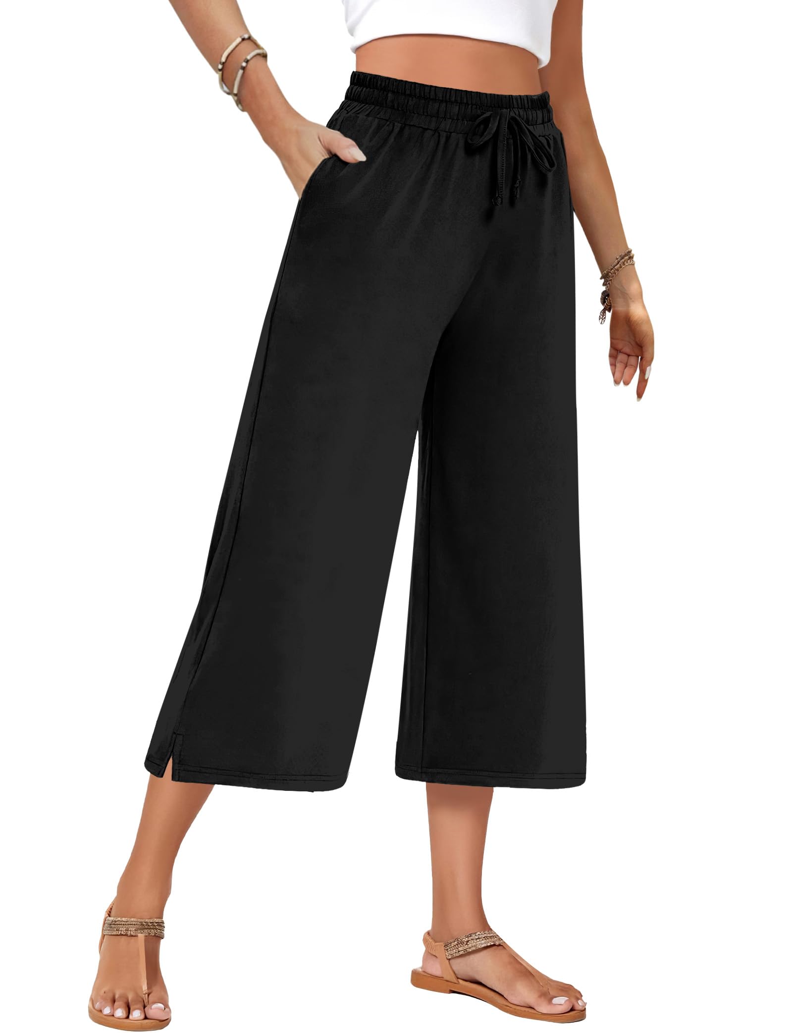 AURUZA Women's High Waisted Wide Leg Capri Pants - Loose Fit Lounge Palazzo Yoga Pants for Casual Wear, Workout & Home Comfort