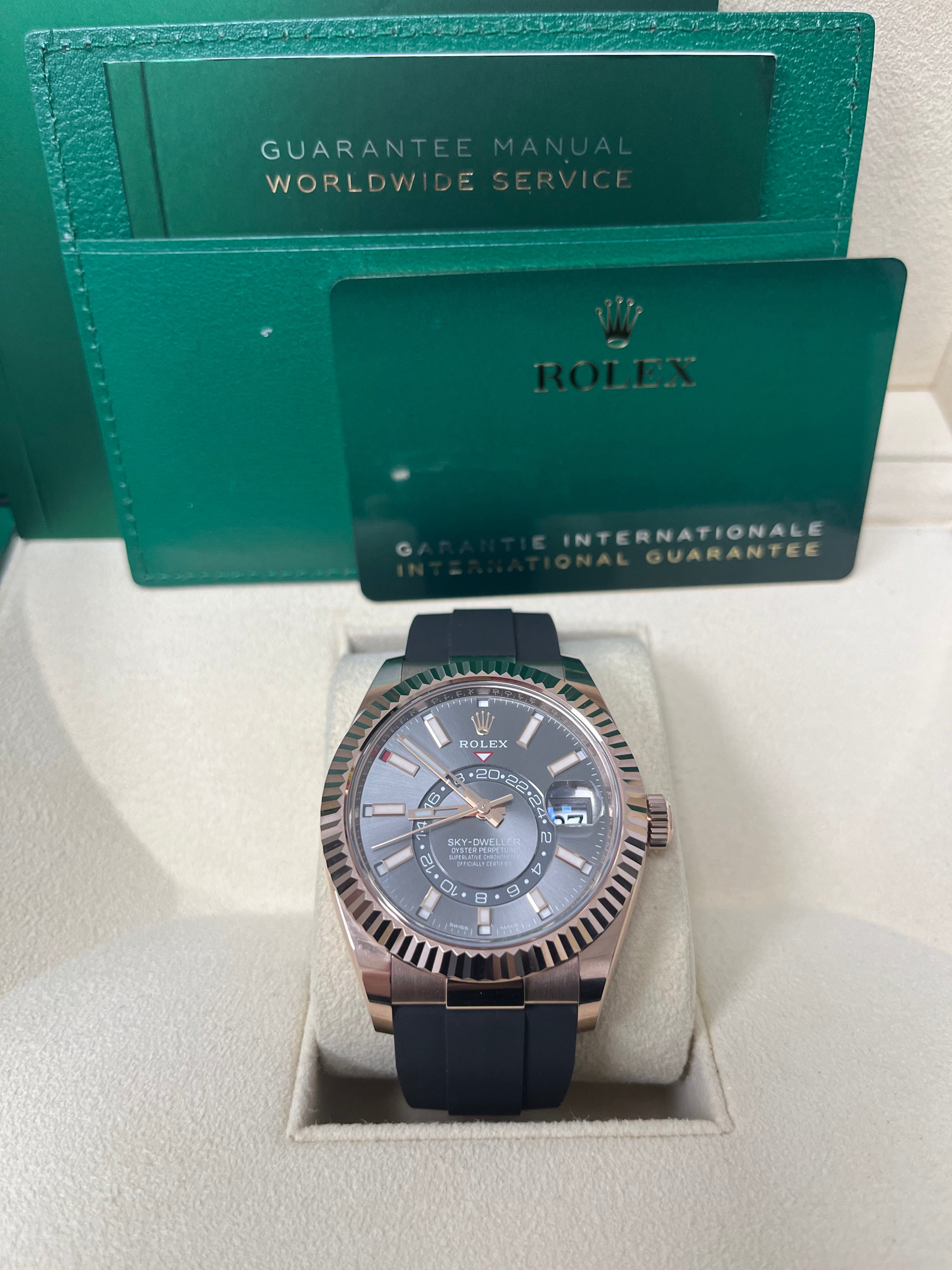 Rolex Sky-Dweller 42mm Rose Gold Watch with Dark Rhodium Dial & Oysterflex Bracelet (Ref. 326235) - Luxury Men's Timepiece for Business, Travel & Special Occasions