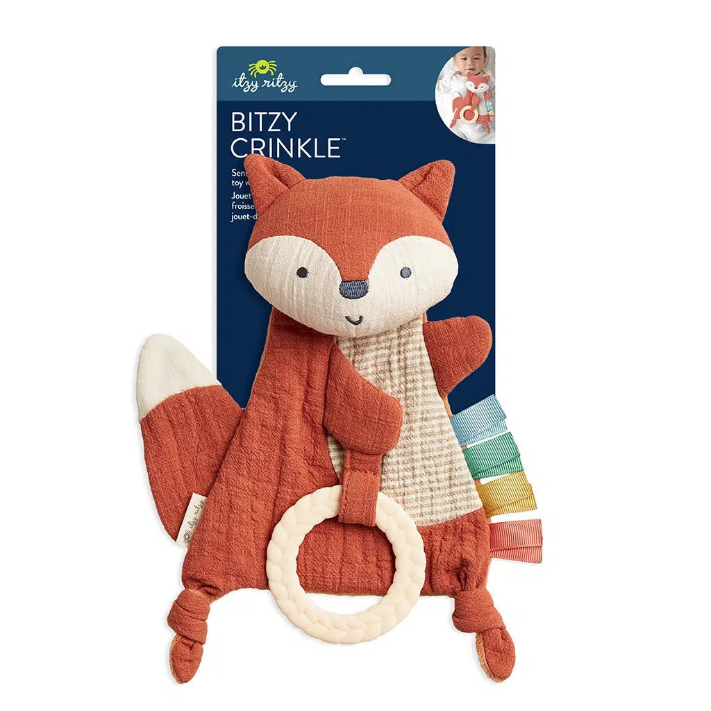 Itzy Ritzy Bitzy Crinkle Sensory & Teether Toy - Fox - Soft Baby Teething Toy with Crinkle Sound for Sensory Play, Infant Development & Soothing Gums - Perfect for Newborns, Toddlers & On-the-Go Parents