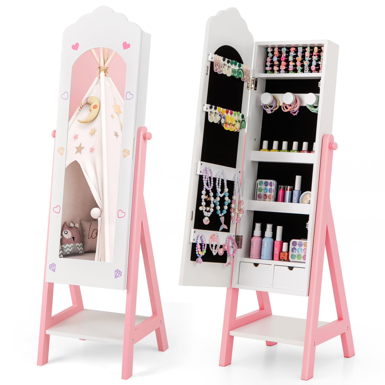 Costzon Kids Jewelry Armoire Cabinet with Full-Length Mirror - White Standing Jewelry Organizer for Girls, Large Storage Vanity Dresser with Mirror - Perfect for Bedroom, Birthday Gift & Princess Room Decor