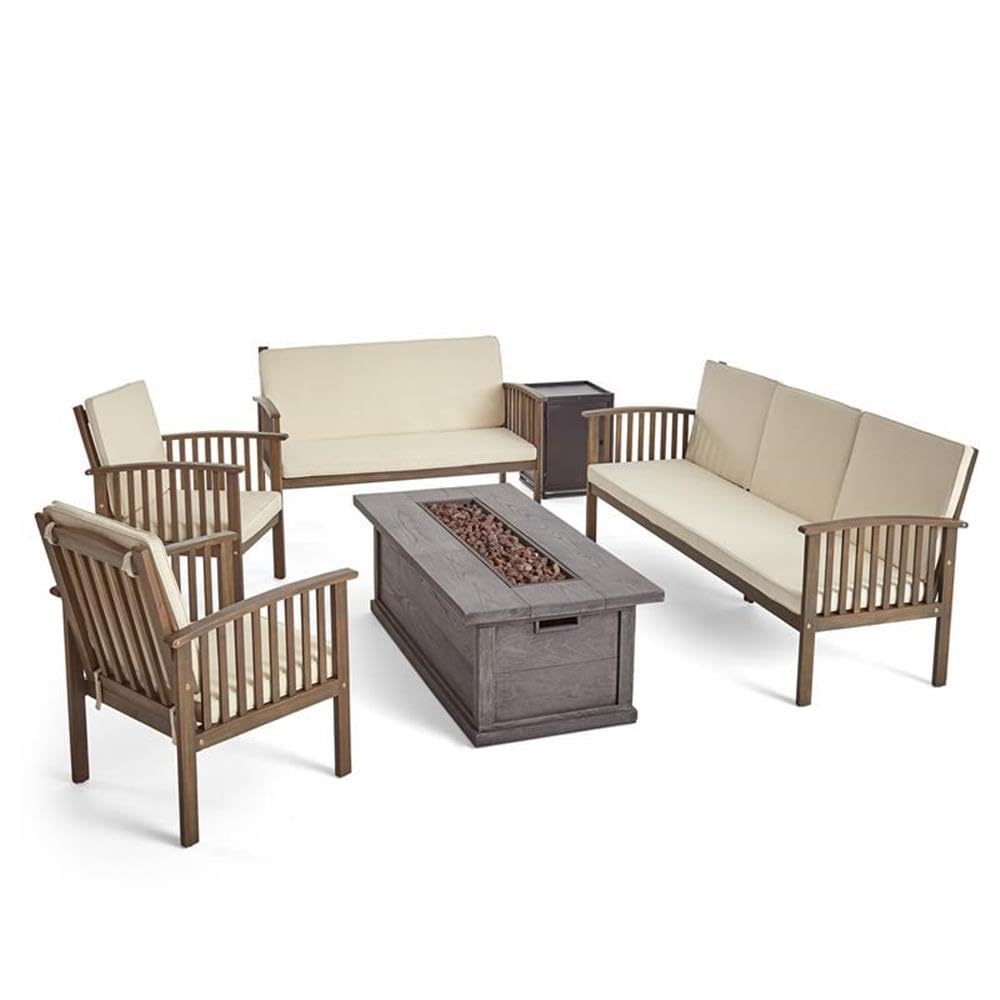 Noble House Carolina Outdoor 6-Piece Sofa & Loveseat Set with Fire Pit - Gray Patio Furniture for Backyard, Poolside, and Garden Relaxation