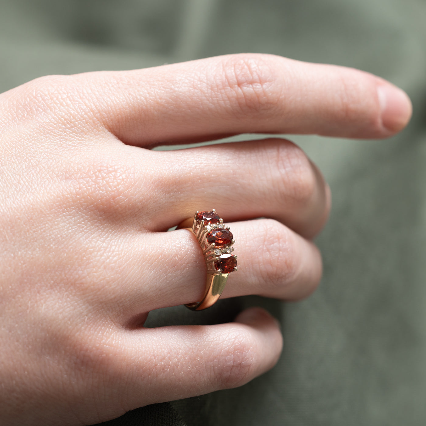 Birks' Three Stone Garnet & Diamond Ring | 0.04ctw Diamonds & 1.15ctw Garnet | Size 6 | Elegant Engagement, Anniversary or Gift Jewelry for Women