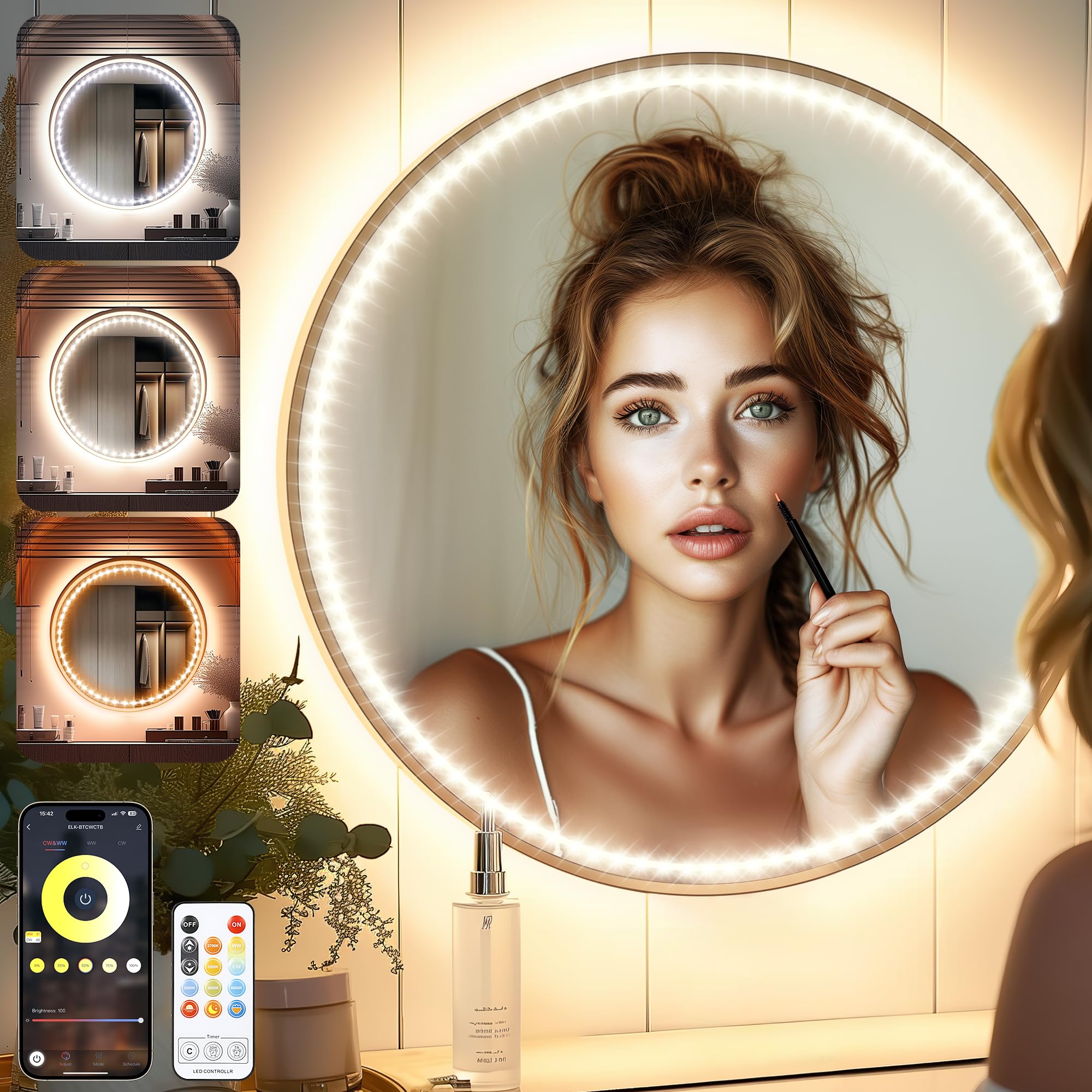 Dimmable LED Vanity Mirror Lights with Bluetooth App Control - 13ft Stick-On Vanity Lights for Makeup Desk & Dressing Room (Color & Brightness Adjustable, Mirror Not Included) - Perfect for Home Makeup Stations, Beauty Salons, and Professional Dressing Areas
