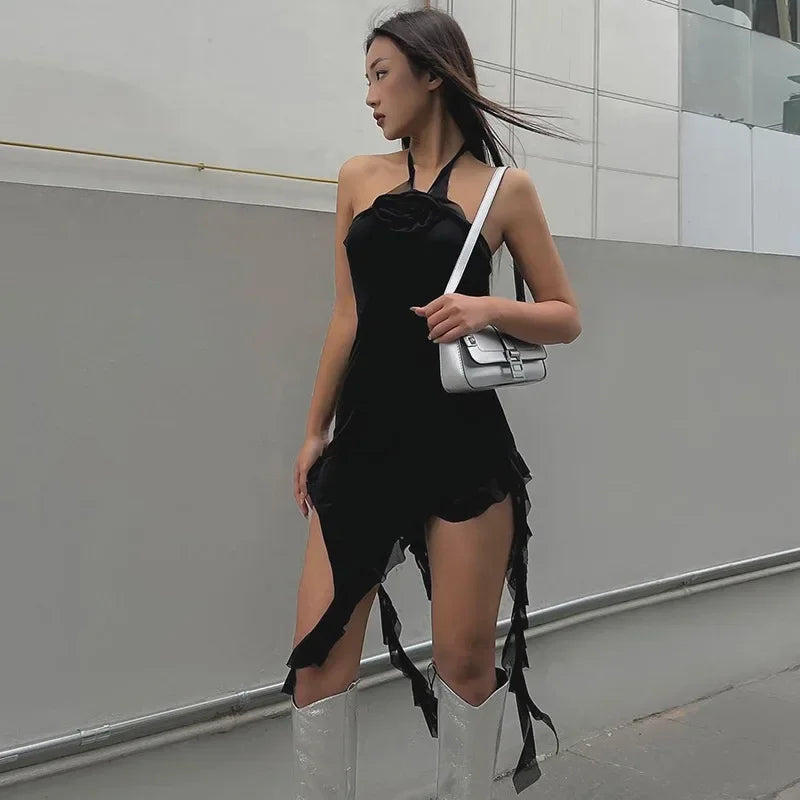 Y2K Sexy Black Floral Applique Asymmetrical Ruffle Halter Mini Dress for Women | Summer Party Clubwear & Date Night Outfit