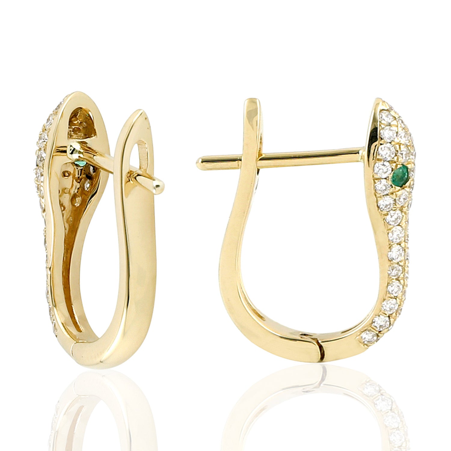 Emerald Gemstone Micro Pave Diamond Snake Design Hoop Earrings in 14K Yellow Gold | Elegant Jewelry for Women, Perfect for Parties, Weddings & Special Occasions