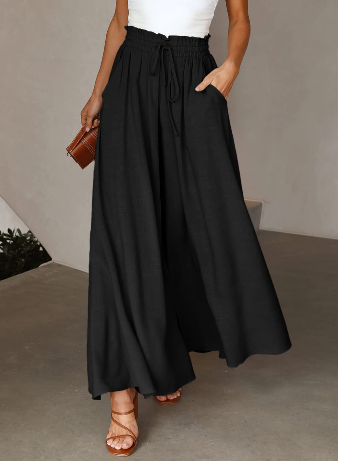 EVALESS Women's Casual Wide Leg Palazzo Pants - Elastic Drawstring Waist, Flowy & Comfortable with Pockets - Perfect for Work, Travel & Lounge Wear