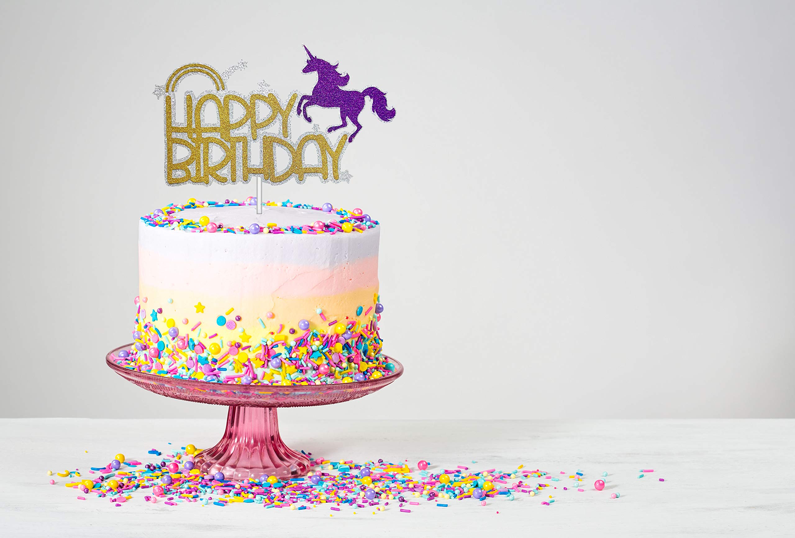 Handmade Glitter Unicorn Birthday Cake Topper - Premium Food Safe Acrylic Stick Decoration for Party Cakes, Baby Showers & Wedding Celebrations