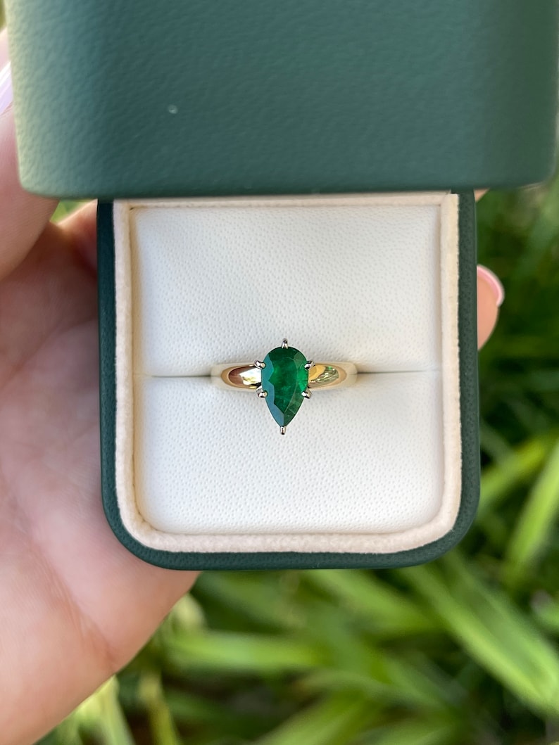 1.06 Carat Natural Brazilian Emerald Pear Cut Solitaire Ring - 14K Gold Six Prong Setting for Engagement, Wedding & Anniversary Gifts