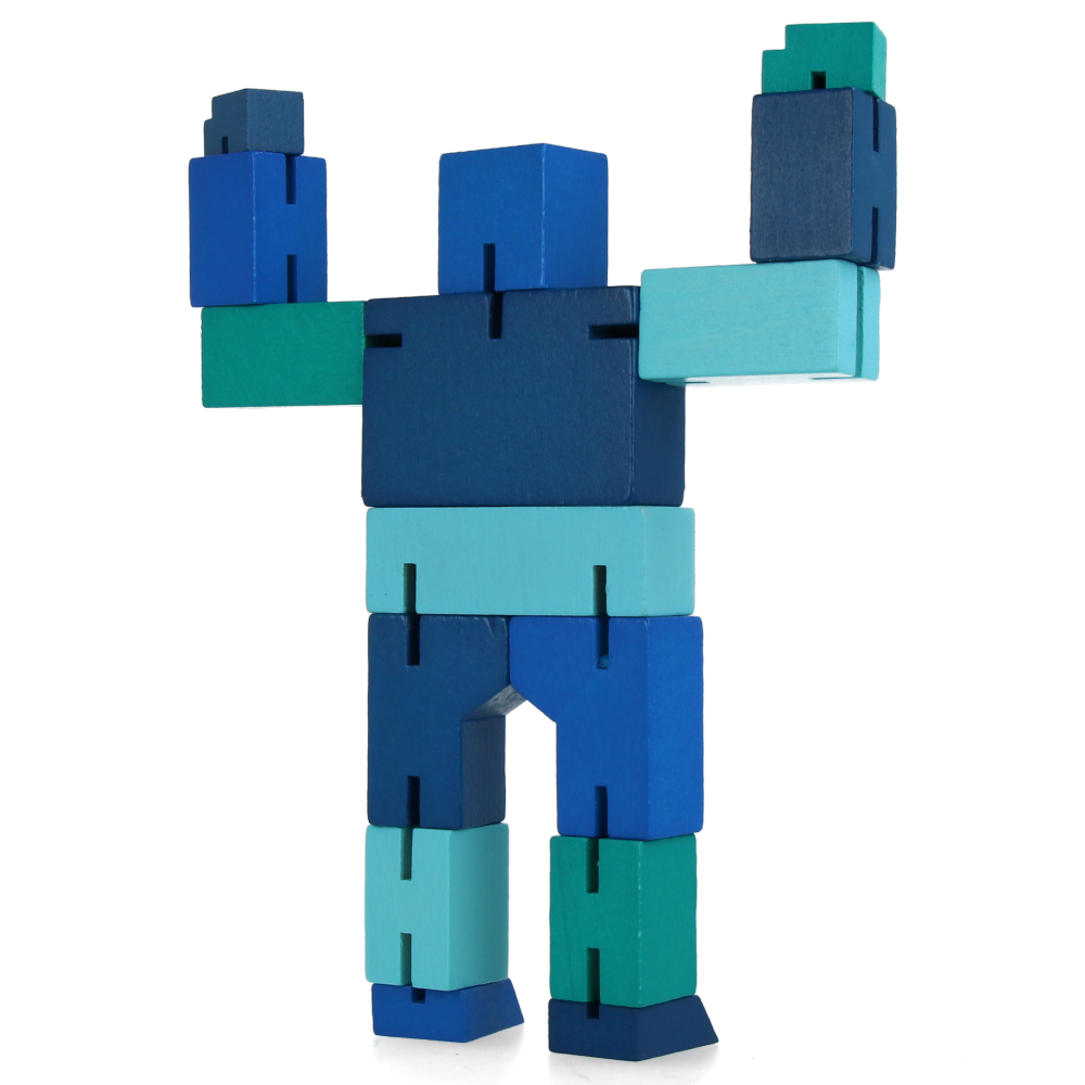 Cubebot Small Blue Multi-Jointed Wooden Robot Toy - Perfect for Kids' STEM Learning & Creative Play