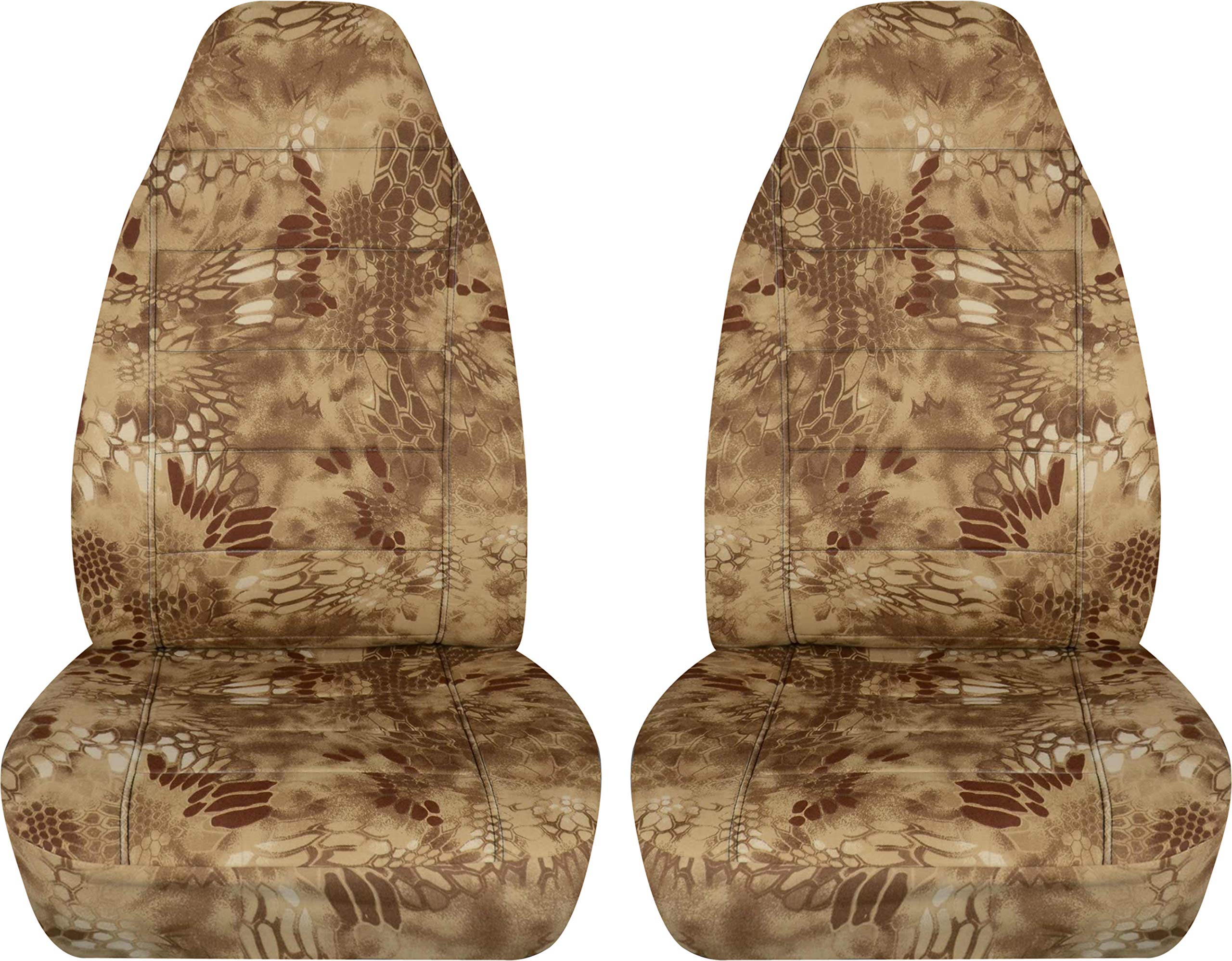 Universal Tan Camo Car Seat Covers - Airbag & Seat Belt Compatible - Front Bucket Seats with Armrest & Release Lever Options - 22 Camouflage Prints - Perfect for Trucks, SUVs & Off-Road Adventures