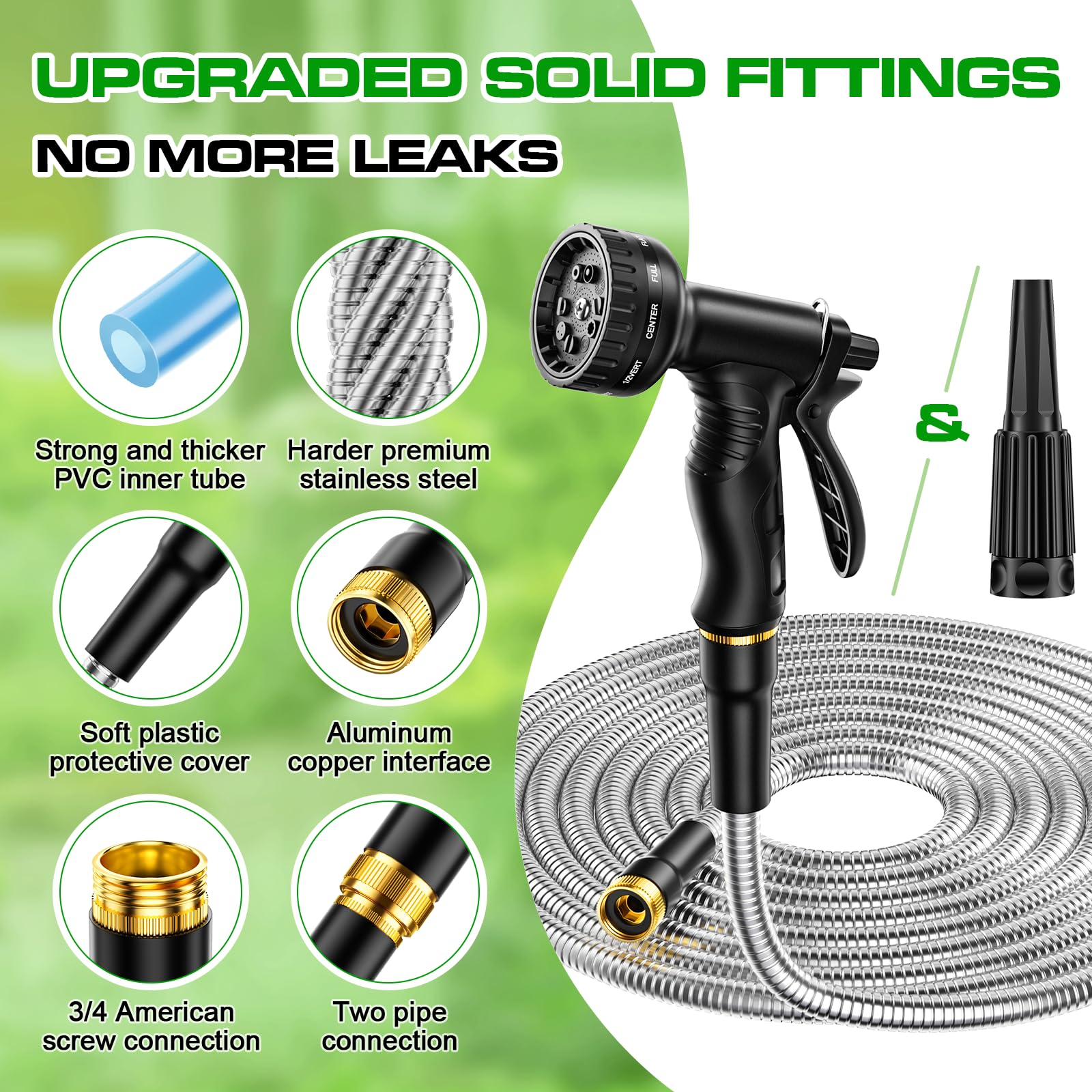 **75ft Heavy Duty Garden Hose with 10-Function Nozzle - 304 Stainless Steel, No-Kink, Rust-Proof & Lightweight for Yard, Lawn & Outdoor Watering**    *(Perfect for Gardening, Car Washing, Pet Cleaning & Outdoor Activities)*