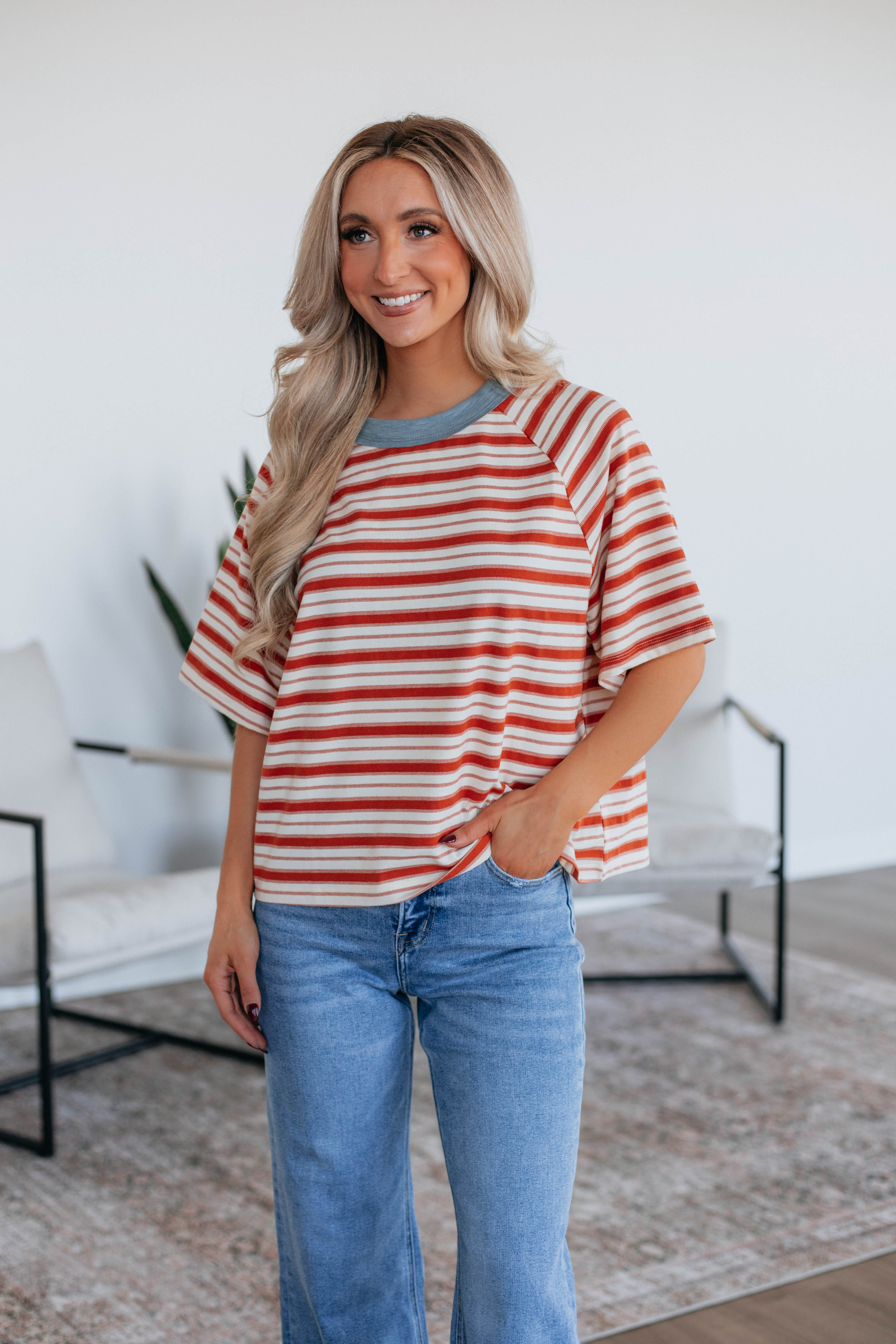 Lansen Women's Striped T-Shirt - Rust Color Casual Short Sleeve Top for Everyday Wear | Perfect for Outfits, Layering & Summer Fashion