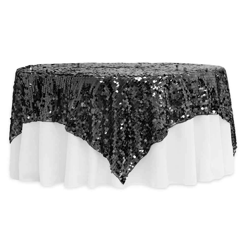 Large 90x90 Square Payette Sequin Table Overlay Topper in Black - Perfect for Wedding Decor, Party Centerpiece & Holiday Table Setting