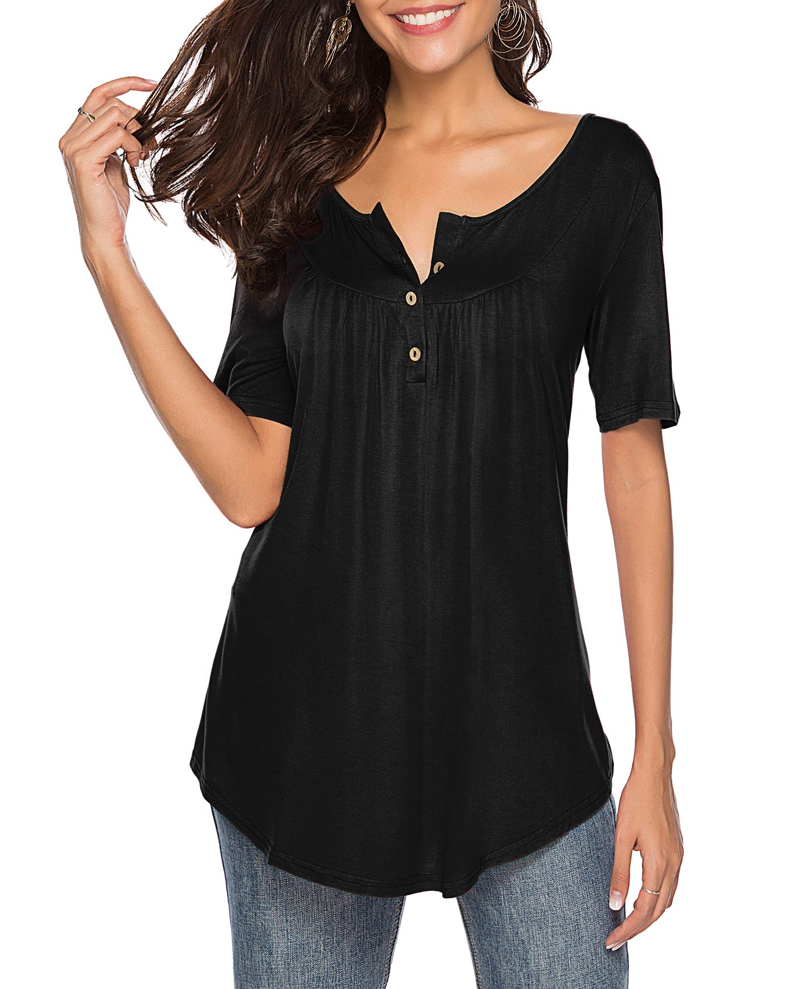 Women's Casual V-Neck Short Sleeve Button-Up Blouse - Loose Fit Tunic Top for Everyday Wear | Perfect for Office, Outings & Summer Outfits