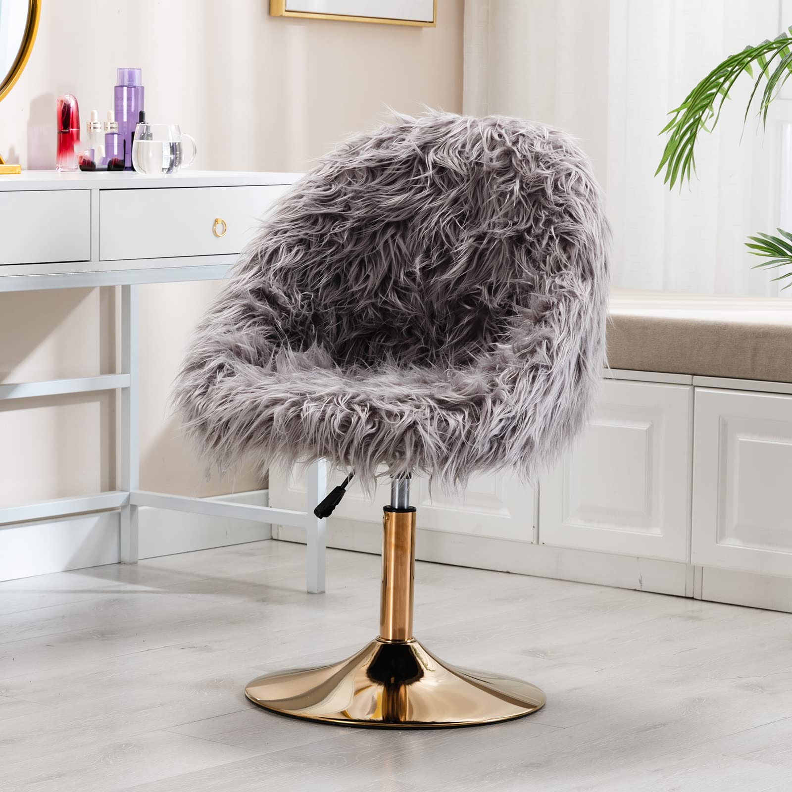 DUOMAY Modern Faux Fur Swivel Adjustable Vanity Stool - Grey Accent Barrel Chair for Makeup Dressing Room, Bedroom, Reception Hall & Salon | Soft Round Stool with 360° Rotation for Home Decor & Beauty Shop