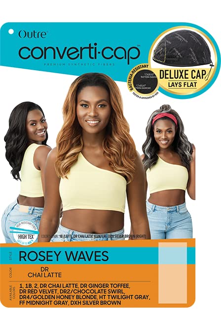 Outre Converti Cap Deluxe Heat Resistant Fiber Wig Cap - Lays Flat, High Tex ROSEY WAVES (1B) for Protective Styling & Everyday Wear