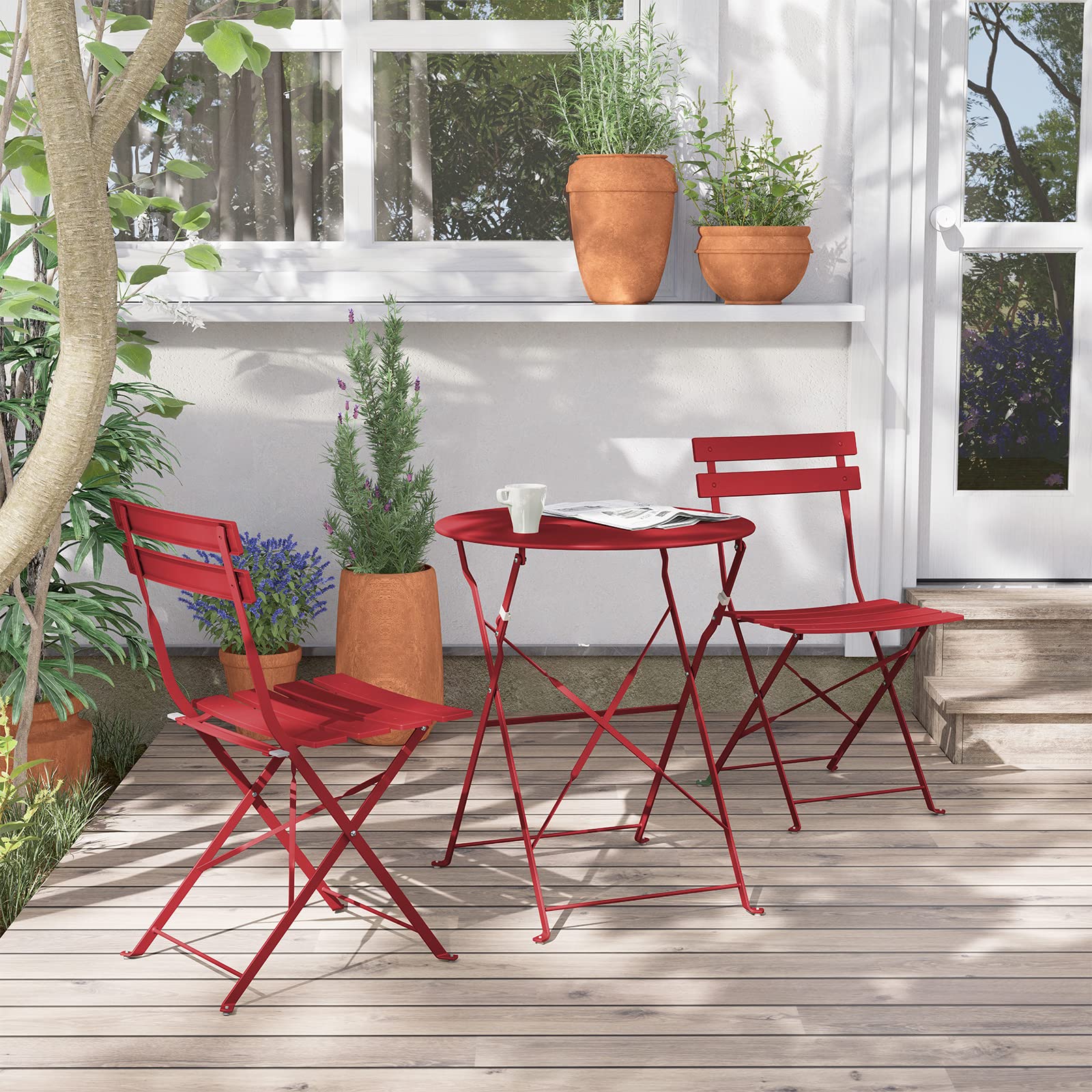 Premium 3-Piece Folding Bistro Set - Outdoor Patio Furniture with Cushions for Balcony, Garden & Small Spaces | Portable Design & Durable Frame (Red) - Perfect for Morning Coffee, Relaxing Evenings & Compact Outdoor Areas