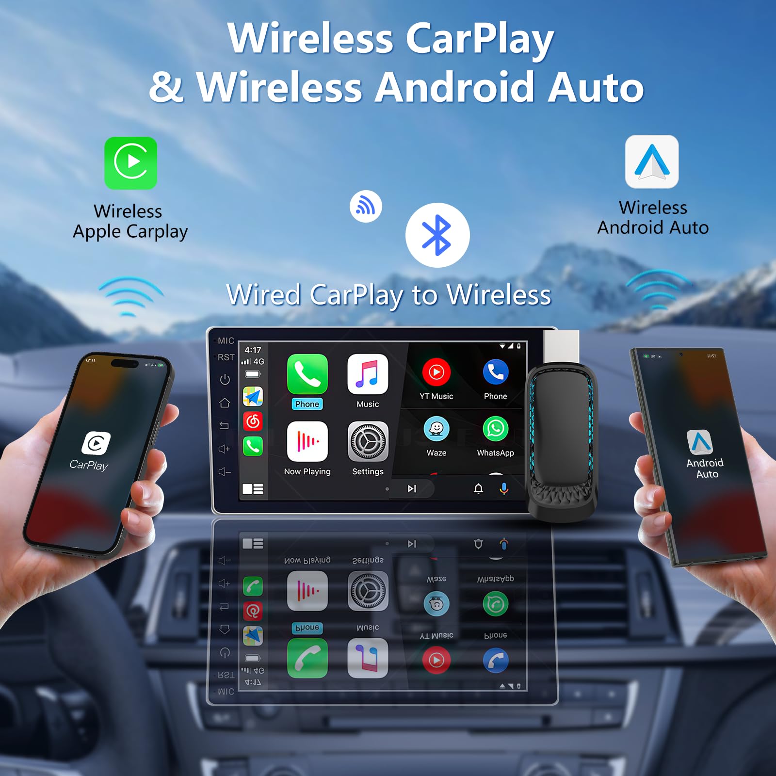 Wireless Android Auto & CarPlay Adapter - Mini USB Dongle Converts Wired to Wireless for iOS 10+/Android 11+ - Plug & Play for Seamless In-Car Connectivity - Perfect for Commuting, Road Trips & Hands-Free Navigation