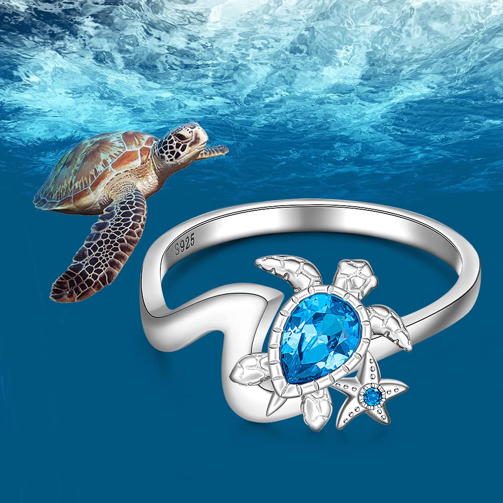 Wave Sea Turtle Ring Sterling Silver with Sapphire & Blue Zircon - Ocean Themed Jewelry for Women (Sizes 6-10) | Perfect Gift for Sister, Friend & Mom | Beach Wedding, Anniversary & Boho Fashion Accessory