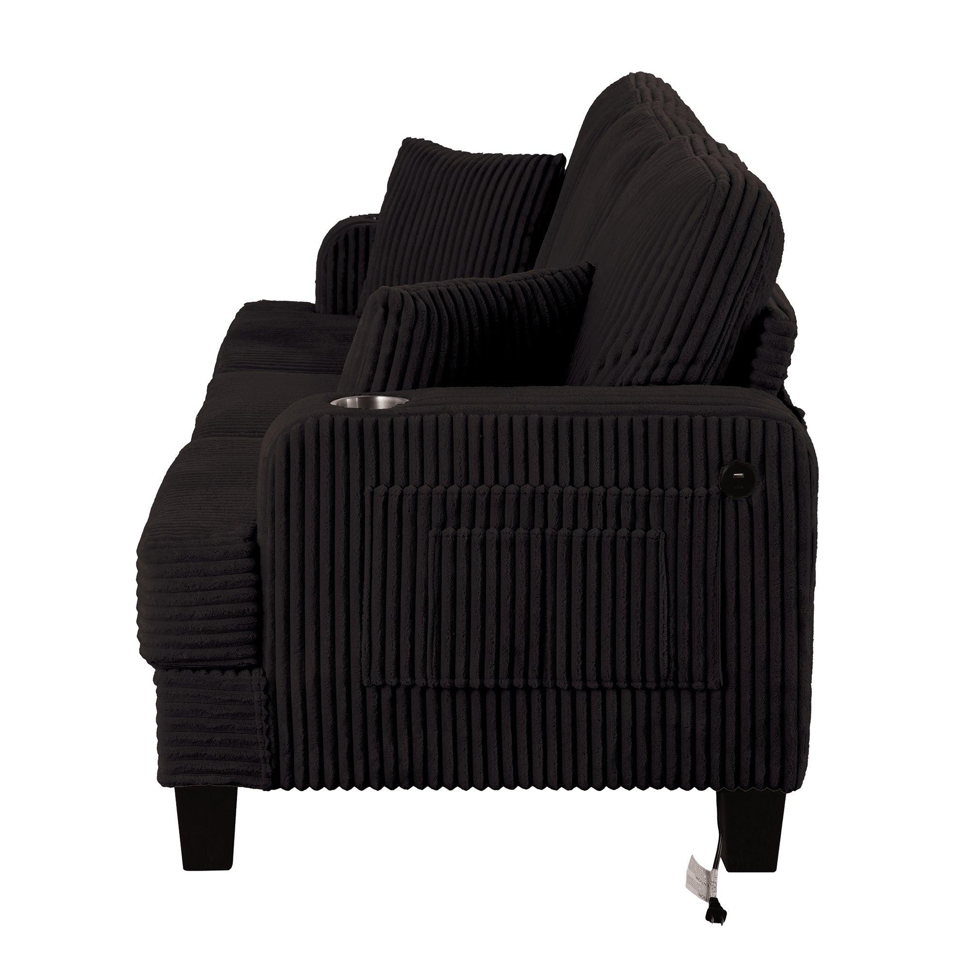 3-Piece Black Sofa Set with Storage Ottoman - Comfy 3-Seater Couch & Loveseat for Living Room | Includes USB Ports, Side Pockets & Throw Pillows | Perfect for Family Gatherings, Movie Nights & Small Space Living