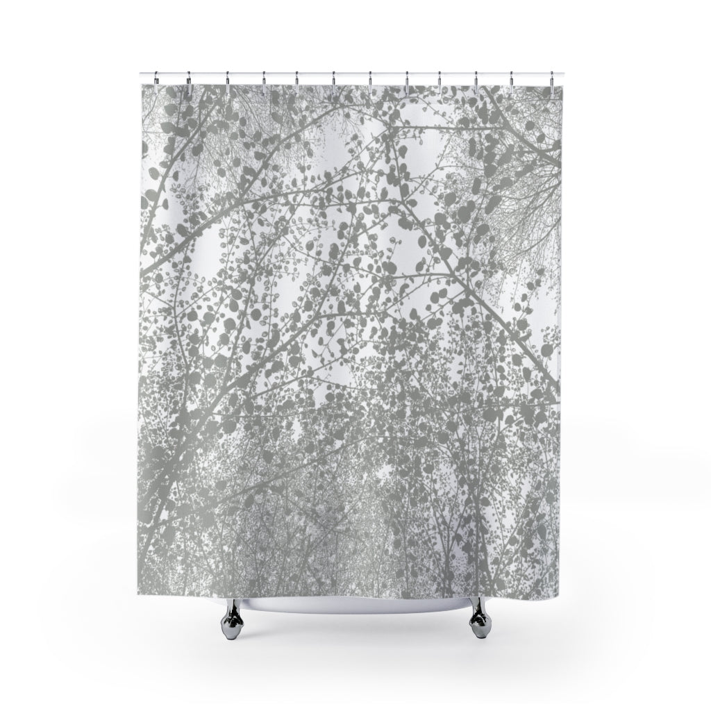 Spring Trees Overhead Silhouette Shower Curtain - Gray on White Design for Bathroom Decor | Nature-Inspired Bath Accessory for Modern & Rustic Homes