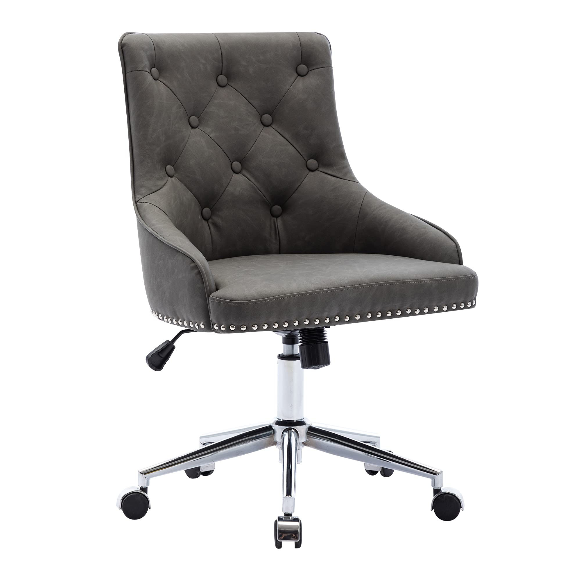Elegant Grey Leather Swivel Office Chair for Women - Adjustable Tilt Back & Wheels, Modern Y-Type Computer Desk Chair for Home Office, Study, Living Room & Vanity Area - Comfortable Workstation Seating