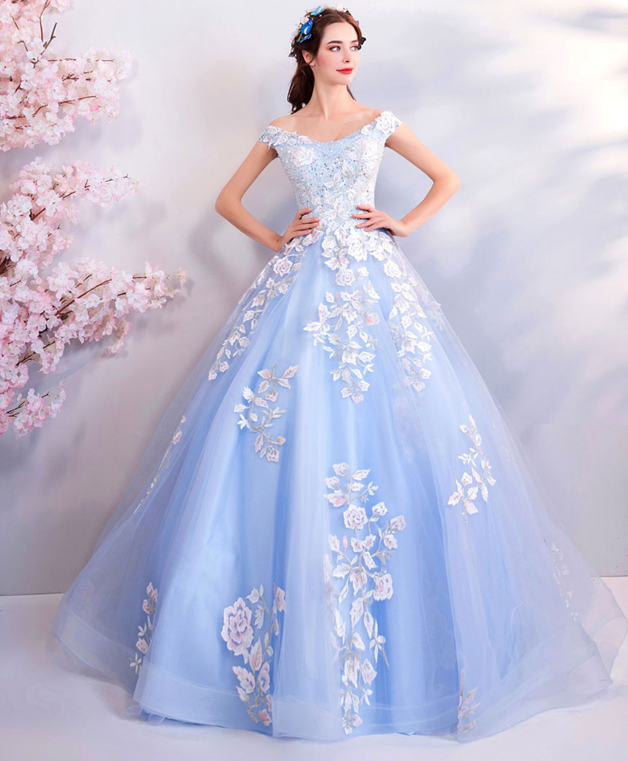 Elegant Blue Off-Shoulder Tulle Lace Applique Long Prom Dress | Formal Evening Gown for Homecoming, Wedding & Special Occasions