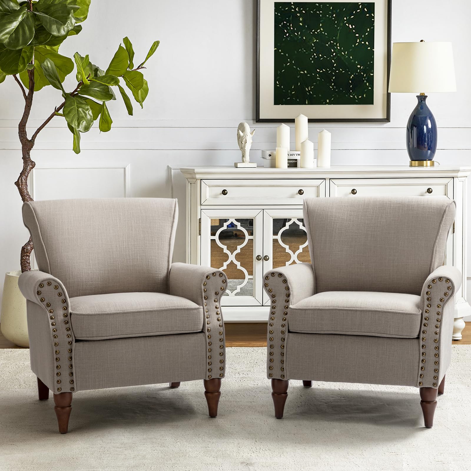 TINA'S HOME Modern Accent Chairs Set of 2 - Wooden Legs & Nailhead Trim Fabric Upholstered Armchairs with Removable Cushions - Living Room, Bedroom, Office Lounge Seating - Grey Club Chairs for Home Decor & Relaxation
