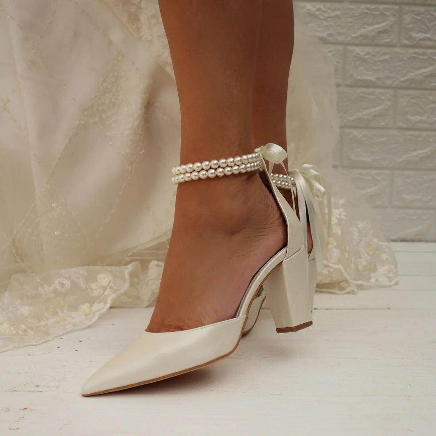 Pearl White Satin Pointy Toe Block Heels for Women - Elegant Wedding & Party Shoes - Comfortable High Heels for Bridal, Prom, Evening Events