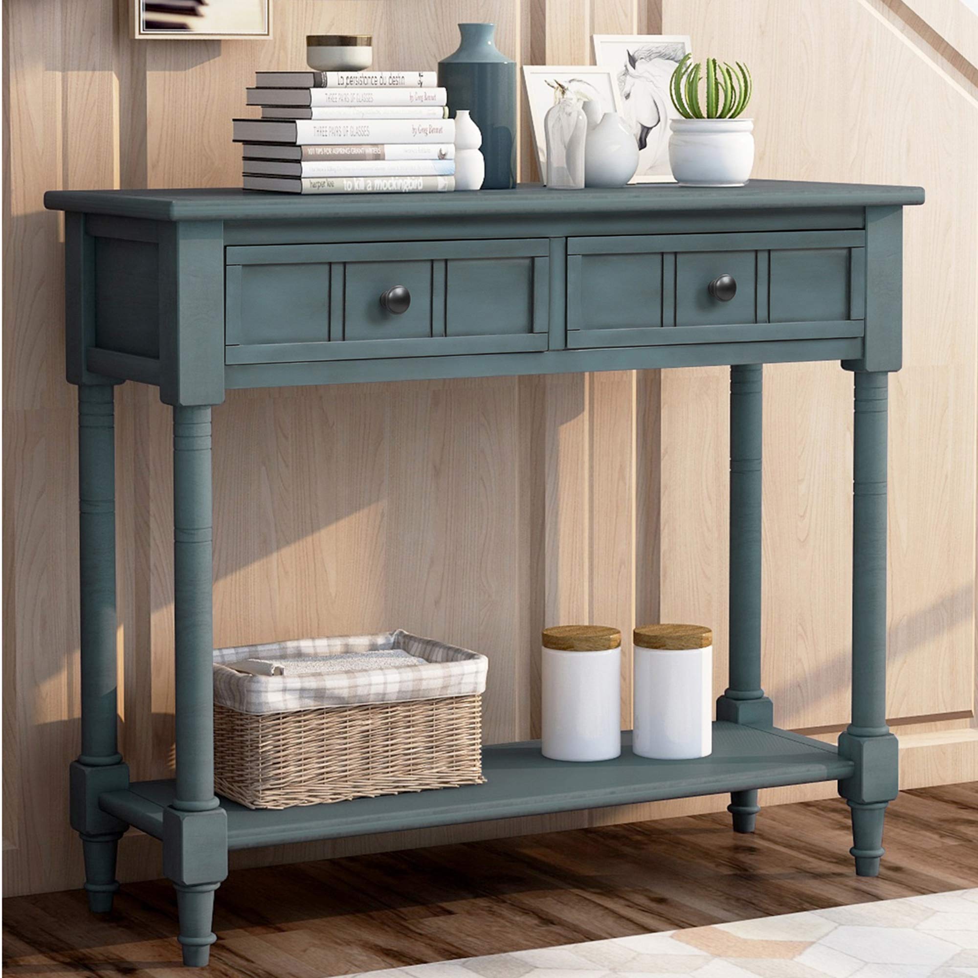 P PURLOVE Wooden Sofa Table with 2 Storage Drawers - Entryway Console Table for Living Room, Hallway & Bedroom - Navy Blue Modern Side Table with Bottom Shelf for Home Decor